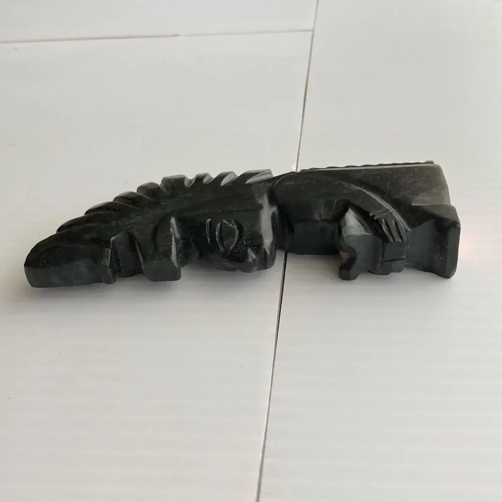 Hand-carved Aztec Head with Headdress Statue Black Obsidian 5 x 2 x 0.75 inches